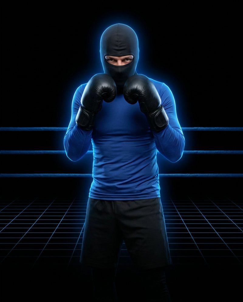 The boxer in guard inside a boxing ring