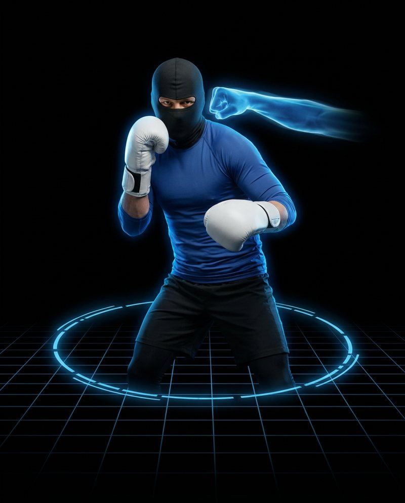 The boxer ducking inside a glowing ring on the floor